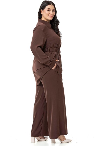 Büyük Beden Beli Kemerli Gömlek Pantolon Kahverengi Ikili Takım indirimleri