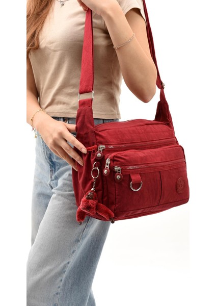 Çapraz Askılı Ultra Hafif Çok Cepli Kadın Omuz Çantası Kırmızı (Model: 571-6D)