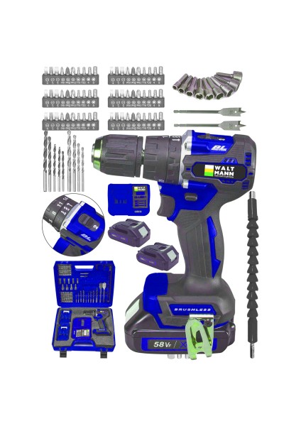 Walt Mann 58VF 5AH Çelik Şanzıman 10 Pilli Çift Akülü Darbeli Şarjlı Matkap Vidalama 82 Mavi
