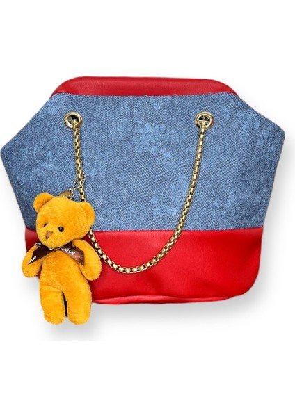 Ayıcık Aksesuarlı Denim Desenli Omuz Çantası