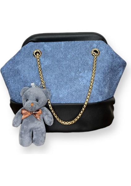 Ayıcık Aksesuarlı Denim Desenli Omuz Çantası
