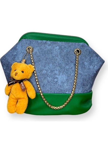 Ayıcık Aksesuarlı Denim Desenli Omuz Çantası