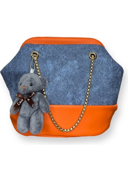 Ayıcık Aksesuarlı Denim Desenli Omuz Çantası