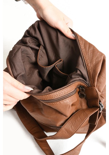 Yıkanmış Deri Hem Sırt Hem Omuz Çantası Taba (Model: 571-9-10A)