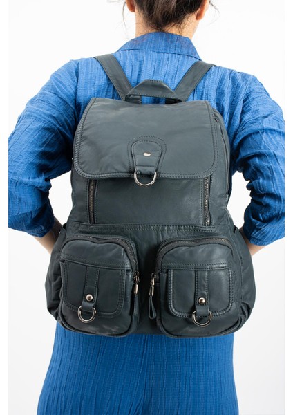 Yıkanmış Deri Sırt Çantası Mavi (Model: 571-11-11E)