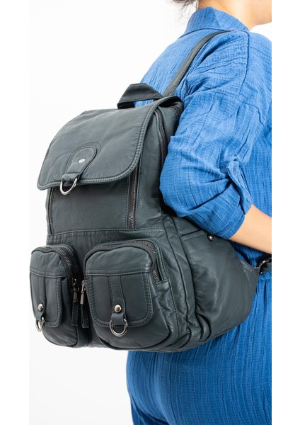 Yıkanmış Deri Sırt Çantası Mavi (Model: 571-11-11E) fiyatları