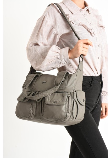 Suni Deri Çapraz Askılı Çok Bölmeli Omuz Çantası Gri (Model: 571-11-10F)