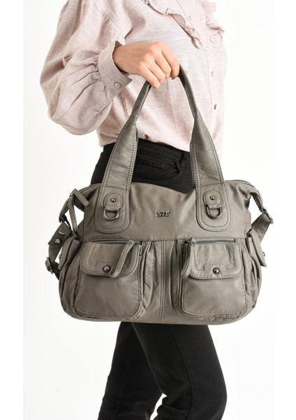 Suni Deri Çapraz Askılı Çok Bölmeli Omuz Çantası Gri (Model: 571-11-10F) fiyatları