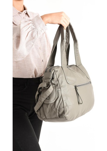 Suni Deri Çapraz Askılı Çok Bölmeli Omuz Çantası Gri (Model: 571-11-10F) modelleri