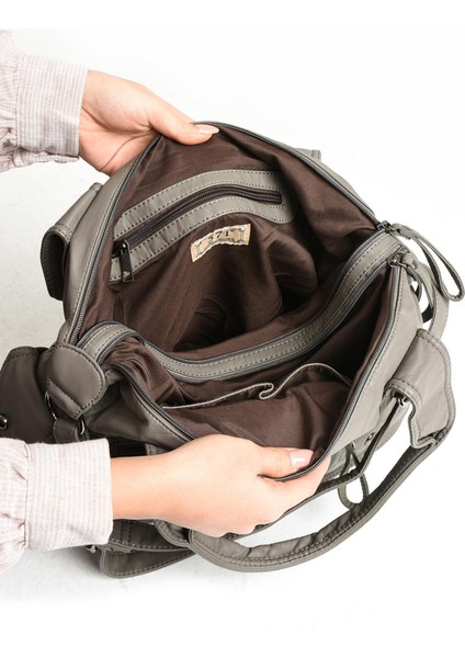 Suni Deri Çapraz Askılı Çok Bölmeli Omuz Çantası Gri (Model: 571-11-10F) fırsatları