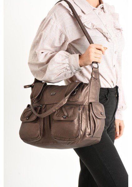 Suni Deri Çapraz Askılı Çok Bölmeli Omuz Çantası Bronz (Model: 571-11-10F)