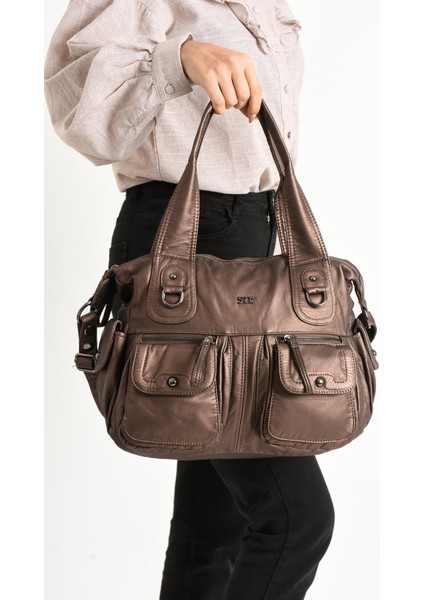 Suni Deri Çapraz Askılı Çok Bölmeli Omuz Çantası Bronz (Model: 571-11-10F) fiyatları