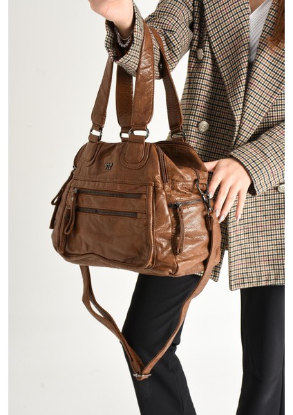 Suni Deri Çok Bölmeli Çapraz ve Omuz Çantası Taba (Model: 571-9-12FF)