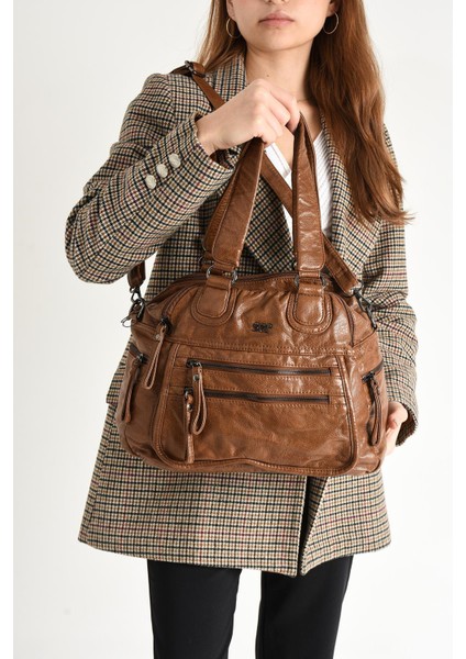 Suni Deri Çok Bölmeli Çapraz ve Omuz Çantası Taba (Model: 571-9-12FF) fiyatları