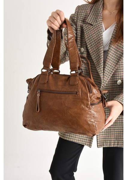 Suni Deri Çok Bölmeli Çapraz ve Omuz Çantası Taba (Model: 571-9-12FF) modelleri