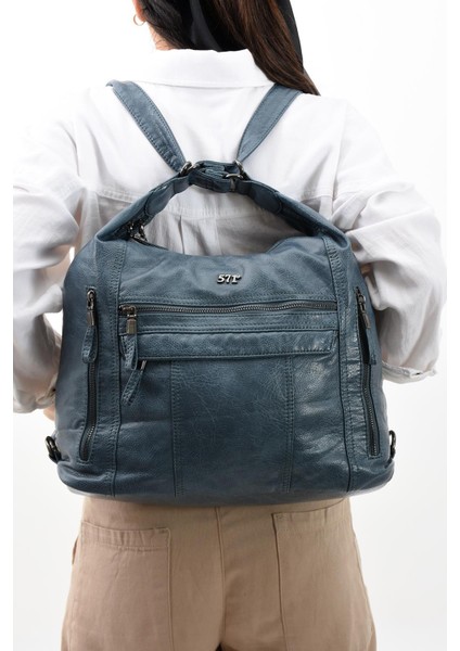 Suni Deri Yumuşak Dokumalı Sırt Omuz Çantası Mavi (Model: 571-11-13B)