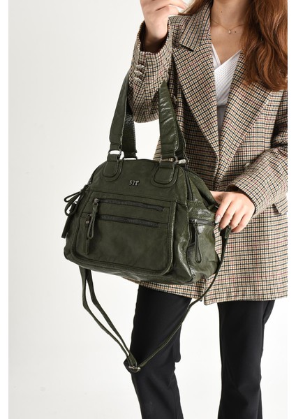 Suni Deri Çok Bölmeli Çapraz ve Omuz Çantası Yeşil (Model: 571-9-12FF)