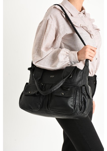 Suni Deri Çapraz Askılı Çok Bölmeli Omuz Çantası Siyah (Model: 571-11-10F)