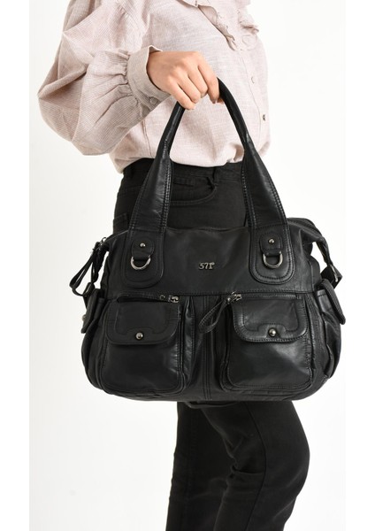 Suni Deri Çapraz Askılı Çok Bölmeli Omuz Çantası Siyah (Model: 571-11-10F) fiyatları