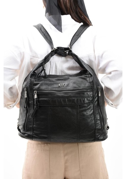 Suni Deri Yumuşak Dokumalı Sırt Omuz Çantası Siyah (Model: 571-11-13B)