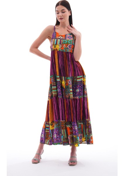 Kadın Etnik Desenli Ip Askılı Uzun Elbise fiyatları