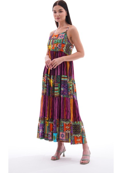 Kadın Etnik Desenli Ip Askılı Uzun Elbise modelleri