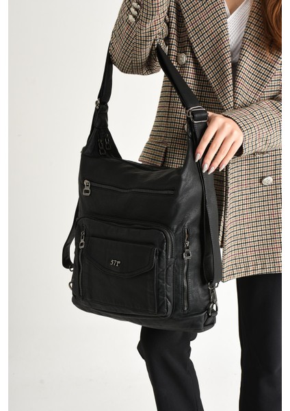 Yıkanmış Deri Hem Sırt Hem Omuz Çantası Siyah (Model: 571-9-10A)