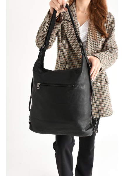 Yıkanmış Deri Hem Sırt Hem Omuz Çantası Siyah (Model: 571-9-10A) modelleri