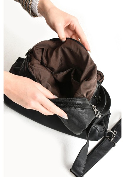 Yıkanmış Deri Hem Sırt Hem Omuz Çantası Siyah (Model: 571-9-10A) fırsatları