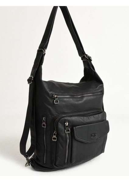 Yıkanmış Deri Hem Sırt Hem Omuz Çantası Siyah (Model: 571-9-10A) indirimleri