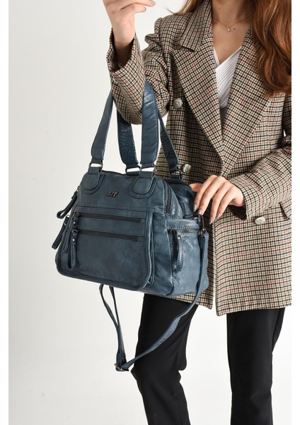 Suni Deri Çok Bölmeli Çapraz ve Omuz Çantası Mavi (Model: 571-9-12FF)