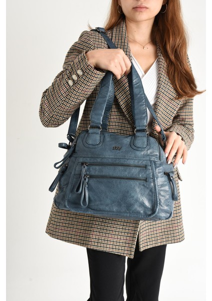 Suni Deri Çok Bölmeli Çapraz ve Omuz Çantası Mavi (Model: 571-9-12FF) fiyatları