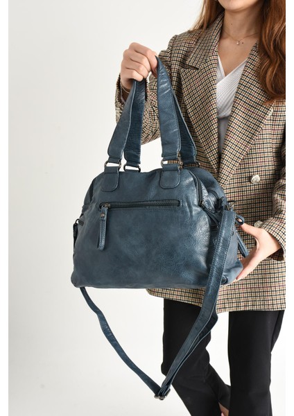 Suni Deri Çok Bölmeli Çapraz ve Omuz Çantası Mavi (Model: 571-9-12FF) modelleri