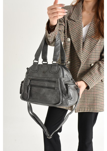 Suni Deri Çok Bölmeli Çapraz ve Omuz Çantası Gri (Model: 571-9-12FF)