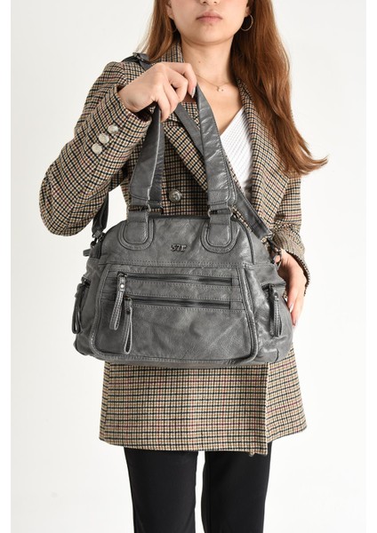 Suni Deri Çok Bölmeli Çapraz ve Omuz Çantası Gri (Model: 571-9-12FF) fiyatları