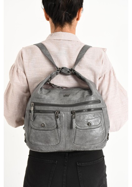 Suni Deri Yumuşak Dokumalı Sırt Omuz Çantası Gri (Model: 571-11-13A)