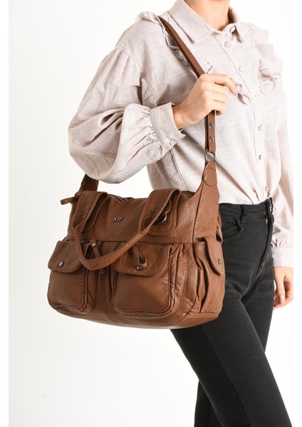 Suni Deri Çapraz Askılı Çok Bölmeli Omuz Çantası Taba (Model: 571-11-10F)