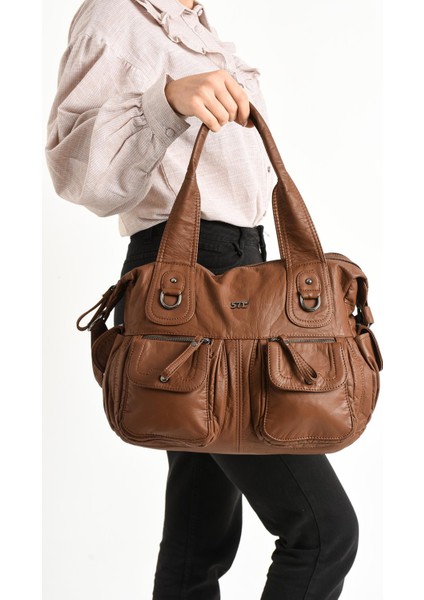 Suni Deri Çapraz Askılı Çok Bölmeli Omuz Çantası Taba (Model: 571-11-10F) fiyatları