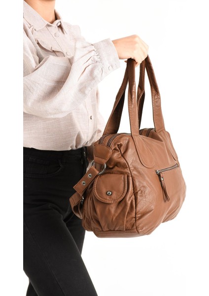 Suni Deri Çapraz Askılı Çok Bölmeli Omuz Çantası Taba (Model: 571-11-10F) modelleri