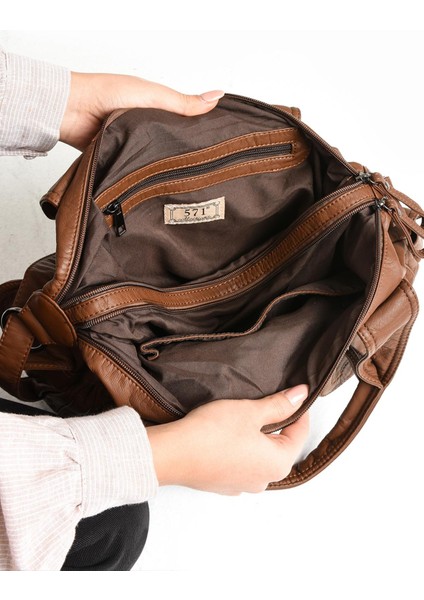 Suni Deri Çapraz Askılı Çok Bölmeli Omuz Çantası Taba (Model: 571-11-10F) fırsatları