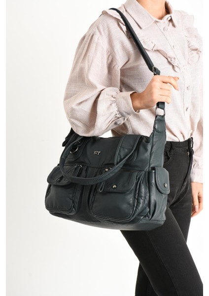 Suni Deri Çapraz Askılı Çok Bölmeli Omuz Çantası Mavi (Model: 571-11-10F)