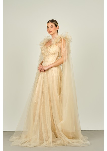Kadın Kolu Tül ve Otrişli Fiyonk Süslemeli Uzun Abiye Elbise 4118 Şampanya