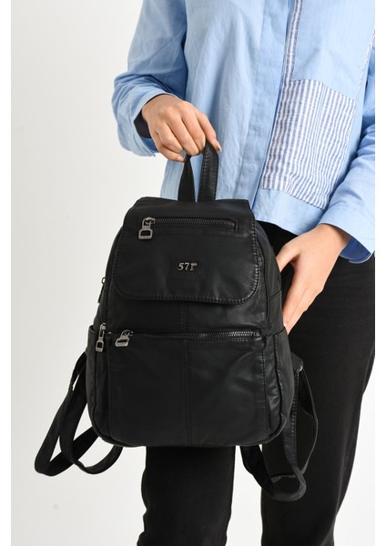 Yıkanmış Deri Sırt Çantası Siyah (Model: 571-9-11A)
