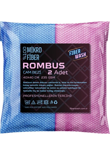 Rombus 2'li Mikrofiber Oto Cam ve Jant Silme Bezi 40X40 cm 235GR/M2-PEMBE/MAVI