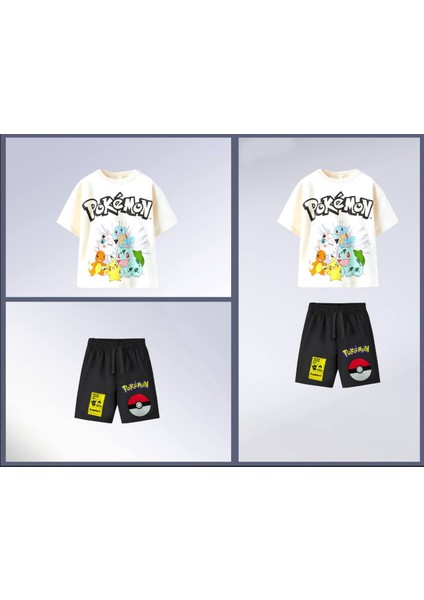 Ladin Store Yeni Sezon Erkek Çocuk Pokemon Baskılı Bisiklet Yaka Pamuklu T-Shirt ve Şortlu Ikili Yazlık Takım