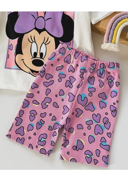 Ladin Store Yeni Sezon Kız Çocuk Minnie Mouse Baskılı Pamuklu Bisiklet Yaka Alt-Üst Biker Taytlı Takım