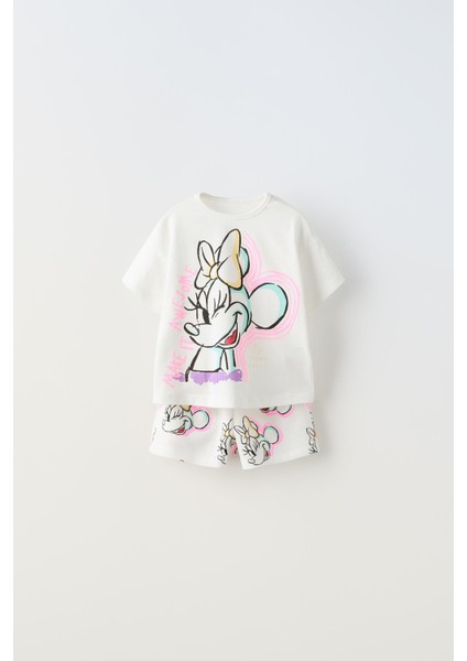 Yeni Sezon Kız Çocuk Minnie Mouse Baskılı Pamuklu Bisiklet Yaka Alt-Üst Ikili Yazlık Takım