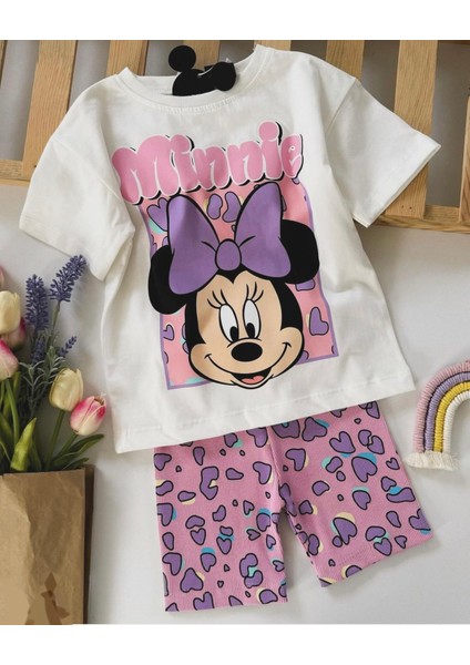 Ladin Store Yeni Sezon Kız Çocuk Minnie Mouse Baskılı Pamuklu Bisiklet Yaka Alt-Üst Biker Taytlı Takım