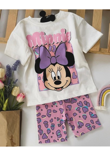 Yeni Sezon Kız Çocuk Minnie Mouse Baskılı Pamuklu Bisiklet Yaka Alt-Üst Biker Taytlı Takım