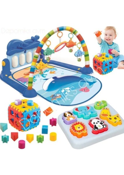 Piyanolu Bebek Oyun Halısı Aynalı Müzikli Işıklı + 3D Hayvanlar Bultak + Kare Bultak Eğitici Set